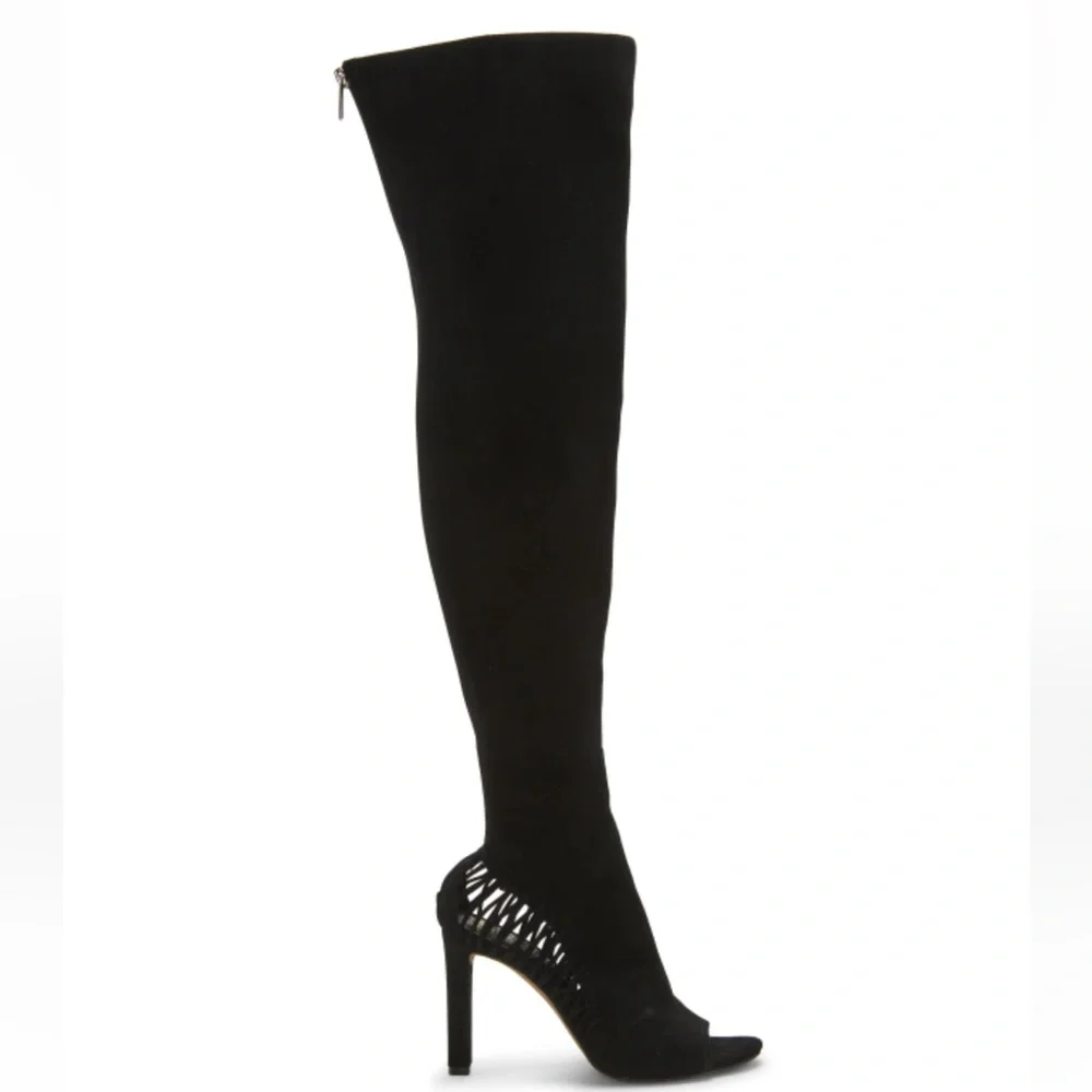 NIB VINCE CAMUTO Shassa Black Suede Open Toe Over-The-Knee Stiletto Heel Boots